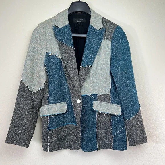 Rag & Bone Patchwork Blazer Womens 8 Multicolor Tweed Lined Tailored Notch Lapel - Picture 6 of 10